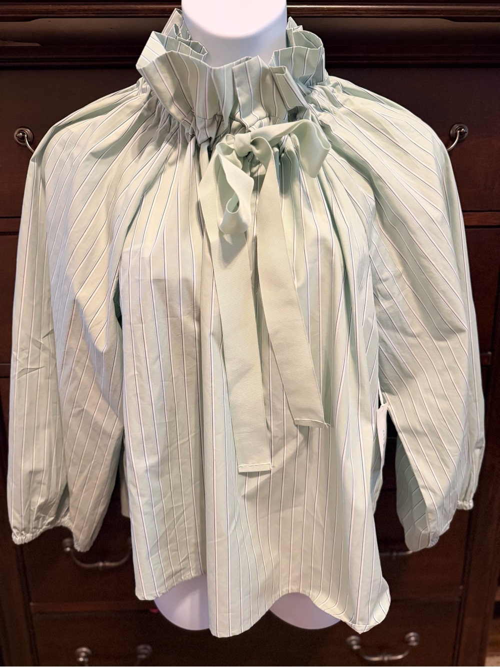Sea Green Striped Ruffle Tie-Neck Blouse